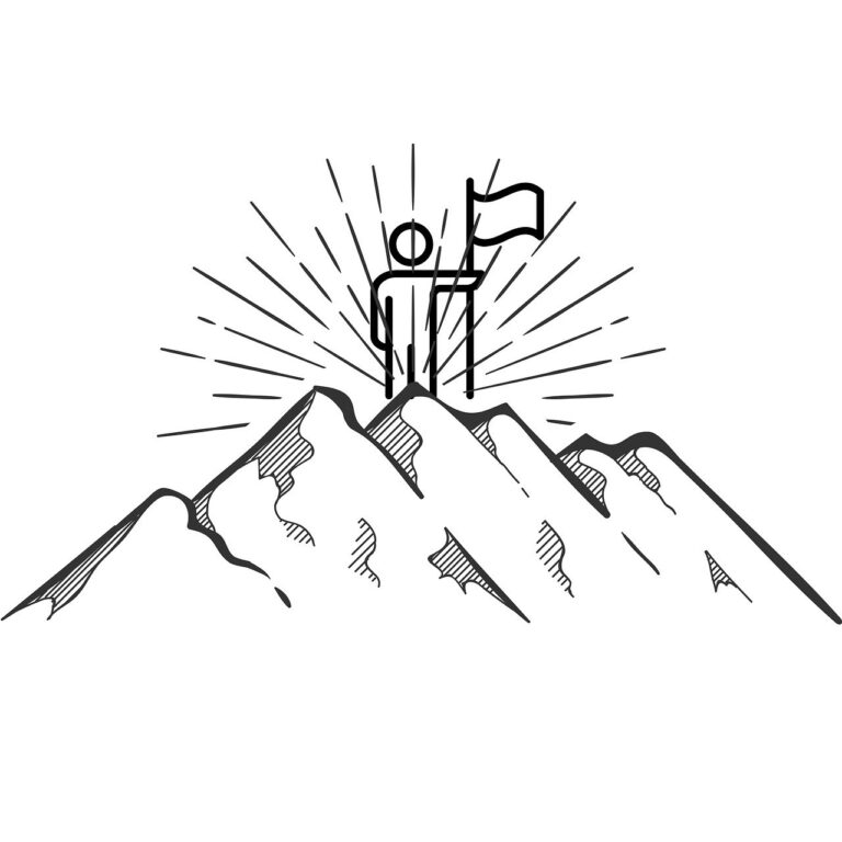 Stick figure atop a mountain holding a flag, symbolizing success through action over planning.