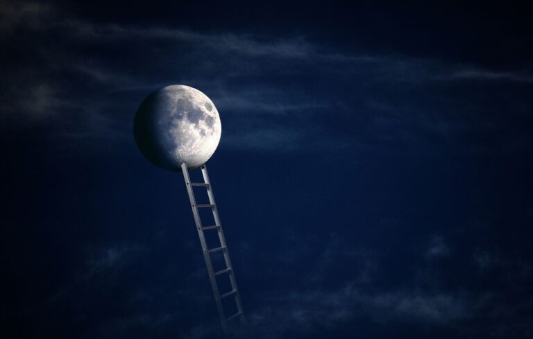 Ladder reaching toward the moon, symbolizing career growth and financial success through salary, hourly, or DIY income.