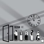 A black and white illustration of office workers in line behind an exit door, with a large Roman numeral clock symbolizing job layoffs and the urgency of career preparedness.