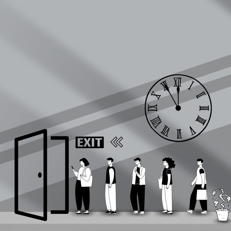 A black and white illustration of office workers in line behind an exit door, with a large Roman numeral clock symbolizing job layoffs and the urgency of career preparedness.